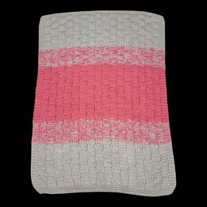 Handmade Knit Baby Blanket Grey Pink Basketweave Block Pattern 32x44